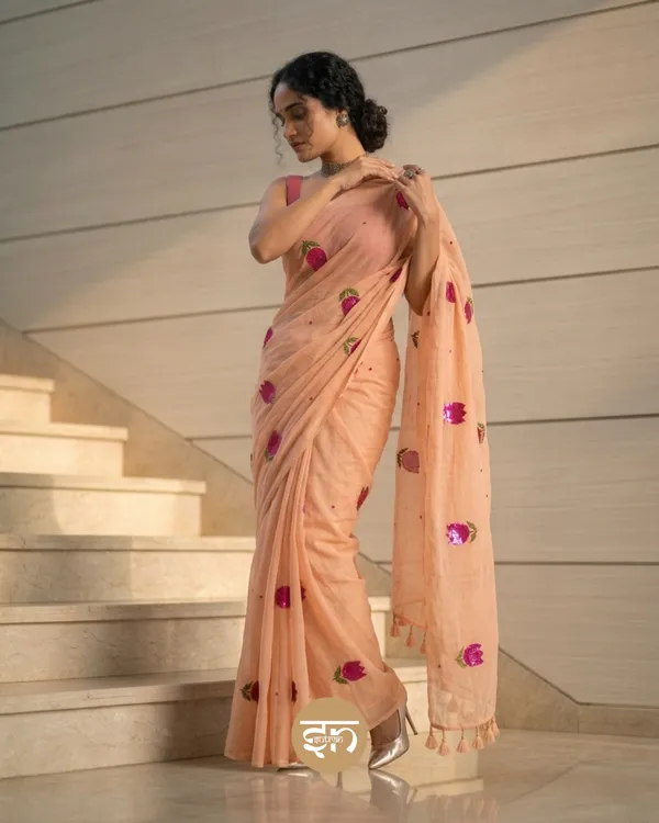 Bloomari:_Beige_Pure_Mul_Cotton_Saree_with_Delicate_Tulip_Sequins_Work