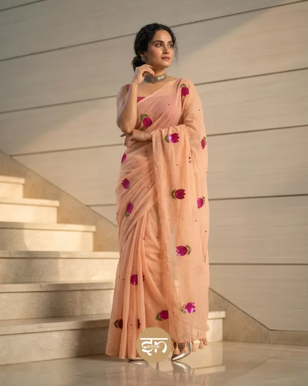 Bloomari:_Beige_Pure_Mul_Cotton_Saree_with_Delicate_Tulip_Sequins_Work
