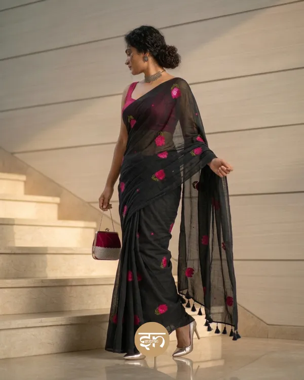 Bloomari:_Black_Pure_Mul_Cotton_Saree_with_Delicate_Tulip_Sequins_Work