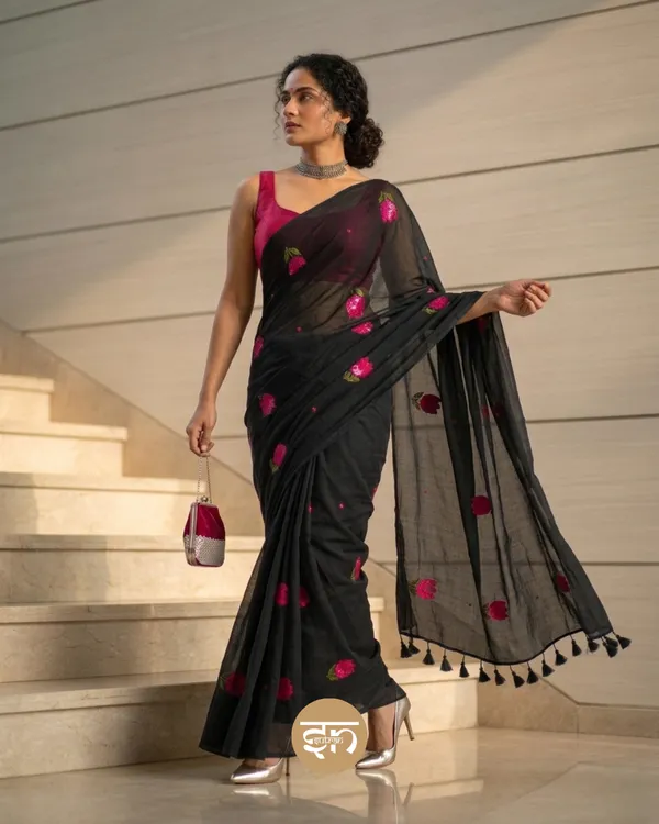 Bloomari:_Black_Pure_Mul_Cotton_Saree_with_Delicate_Tulip_Sequins_Work