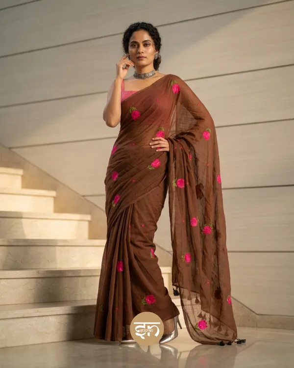 Bloomari:_Brown_Pure_Mul_Cotton_Saree_with_Delicate_Tulip_Sequins_Work