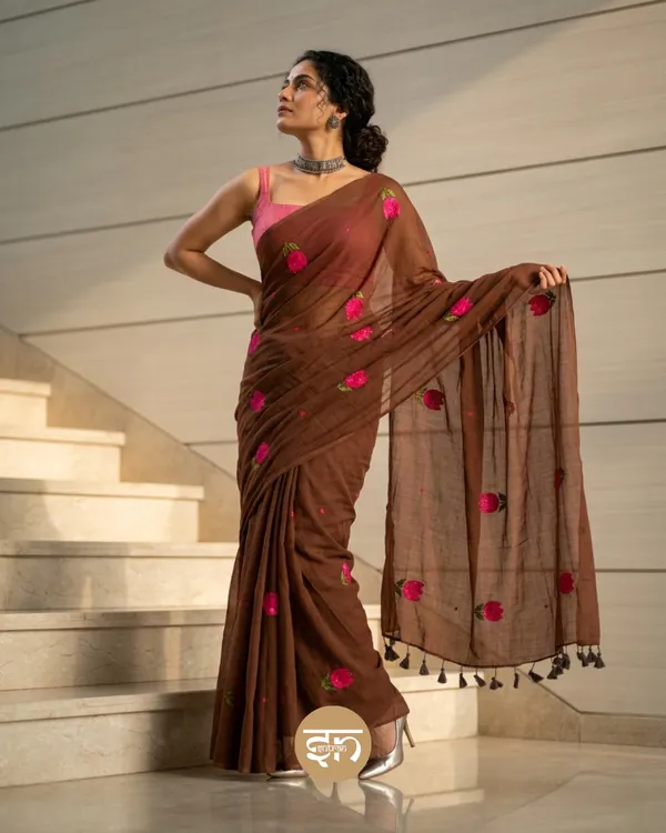 Bloomari:_Brown_Pure_Mul_Cotton_Saree_with_Delicate_Tulip_Sequins_Work