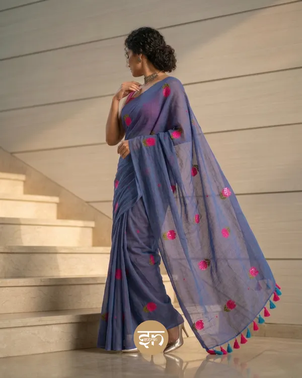 Bloomari:_Dual_Tone_Pink_and_Blue_Pure_Mul_Cotton_Saree_with_Delicate_Tulip_Sequins_Work