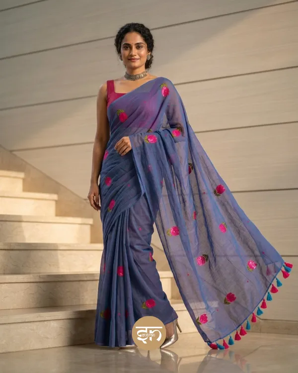 Bloomari:_Dual_Tone_Pink_and_Blue_Pure_Mul_Cotton_Saree_with_Delicate_Tulip_Sequins_Work