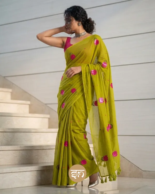 Bloomari:_Green_Pure_Mul_Cotton_Saree_with_Delicate_Tulip_Sequins_Work