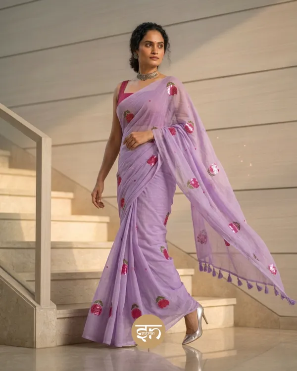 Bloomari:_Lavender_Pure_Mul_Cotton_Saree_with_Delicate_Tulip_Sequins_Work