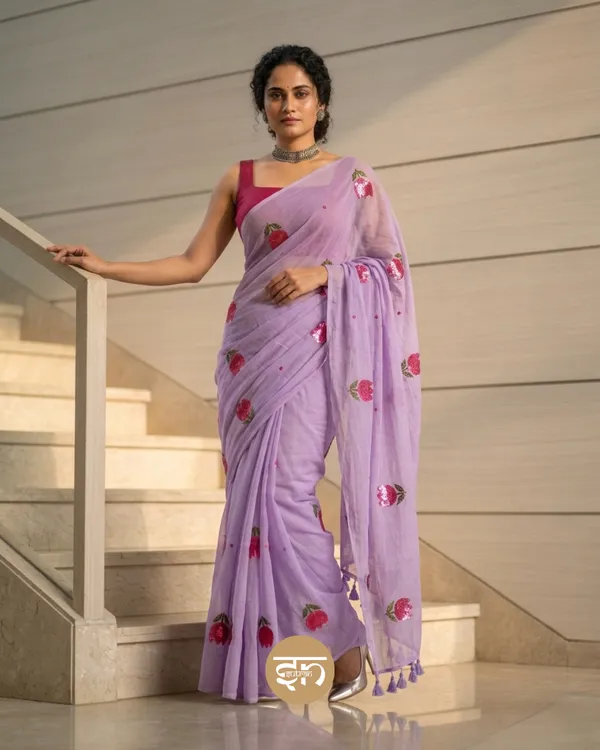 Bloomari:_Lavender_Pure_Mul_Cotton_Saree_with_Delicate_Tulip_Sequins_Work