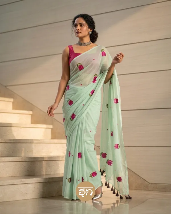 Bloomari:_Mint_Green_Pure_Mul_Cotton_Saree_with_Delicate_Tulip_Sequins_Work