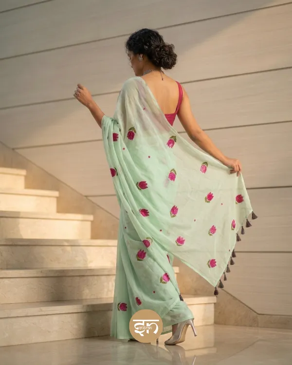 Bloomari:_Mint_Green_Pure_Mul_Cotton_Saree_with_Delicate_Tulip_Sequins_Work