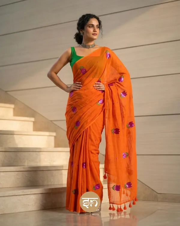Bloomari:_Orange_Pure_Mul_Cotton_Saree_with_Delicate_Tulip_Sequins_Work
