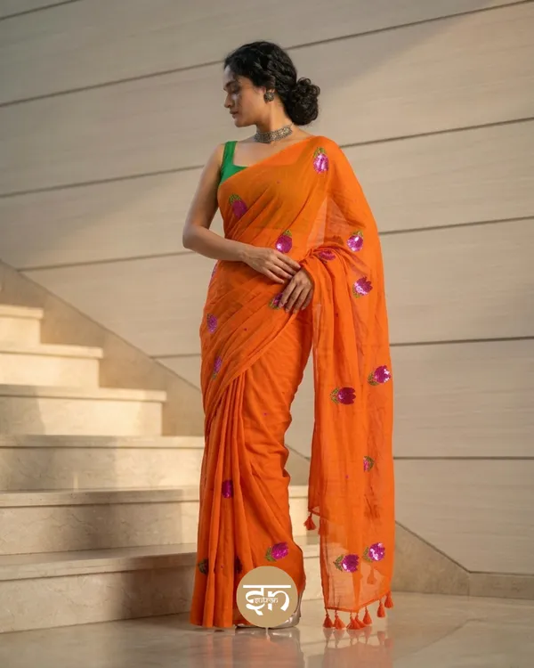 Bloomari:_Orange_Pure_Mul_Cotton_Saree_with_Delicate_Tulip_Sequins_Work