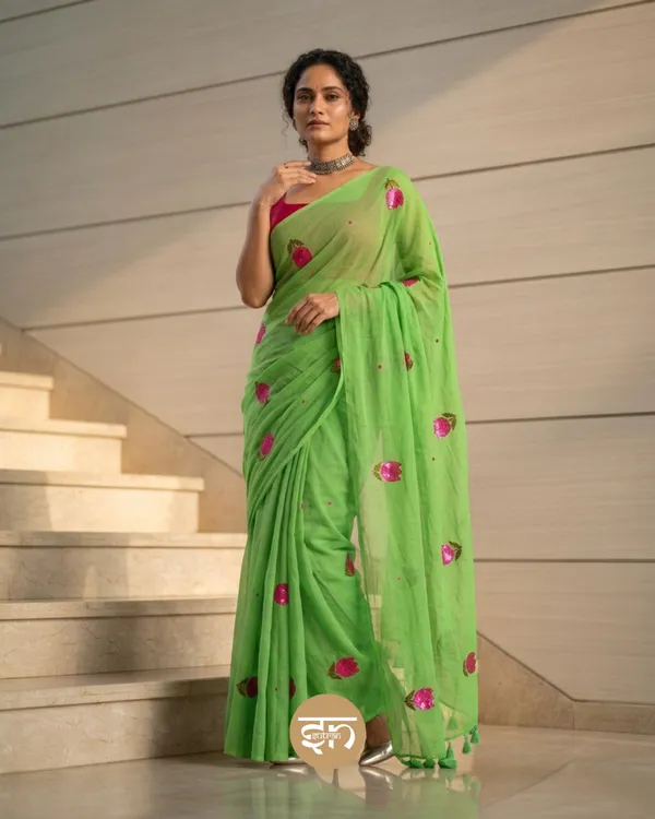 Bloomari:_Pista_Green_Pure_Mul_Cotton_Saree_with_Delicate_Tulip_Sequins_Work