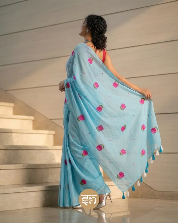 Bloomari:_Sky_Blue_Pure_Mul_Cotton_Saree_with_Delicate_Tulip_Sequins_Work