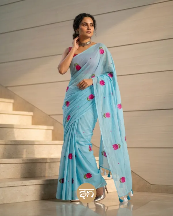Bloomari:_Sky_Blue_Pure_Mul_Cotton_Saree_with_Delicate_Tulip_Sequins_Work