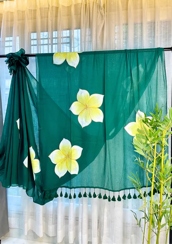 Ever_Blooming:_Emerald_Green_&_Yellow_Mul_Cotton_Saree_With_Hand-Painted_Work_For_Women