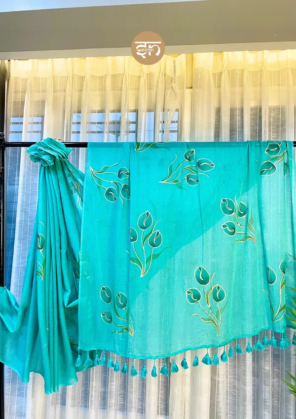 Rang_Rang_Mein:_Turquoise_Mul_Cotton_Saree_With_Hand-Painted_Work_For_Women