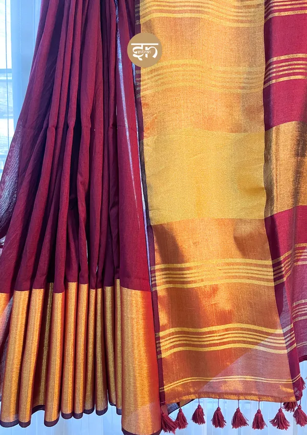 KanakVaani:_Maroon_&_Golden_Mul_Cotton_Saree_For_Women