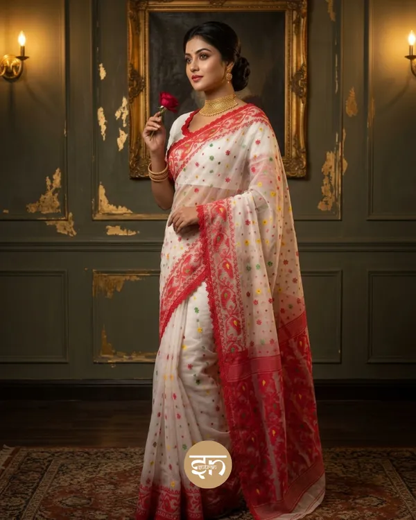 Charulata:_Dhakai_Jamdani_with_Delicate_Lace_Border_with_Traditional_Woven_Motifs