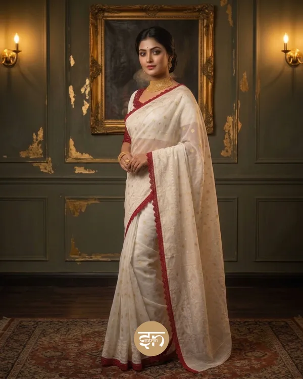 Charulata:_Dhakai_Jamdani_with_Delicate_Lace_Border_with_Traditional_Woven_Motifs