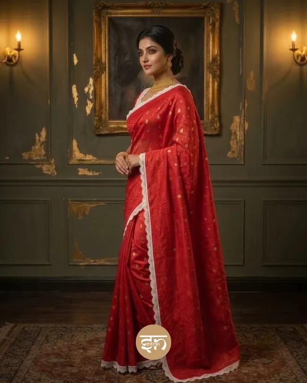 Charulata:_Dhakai_Jamdani_with_Delicate_Lace_Border_with_Traditional_Woven_Motifs