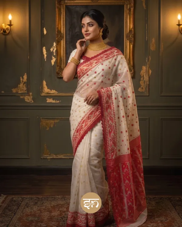 Charulata:_Dhakai_Jamdani_with_Delicate_Lace_Border_with_Traditional_Woven_Motifs