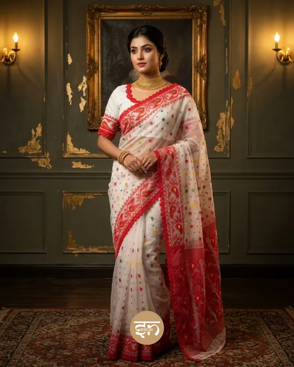Charulata:_Dhakai_Jamdani_with_Delicate_Lace_Border_with_Traditional_Woven_Motifs
