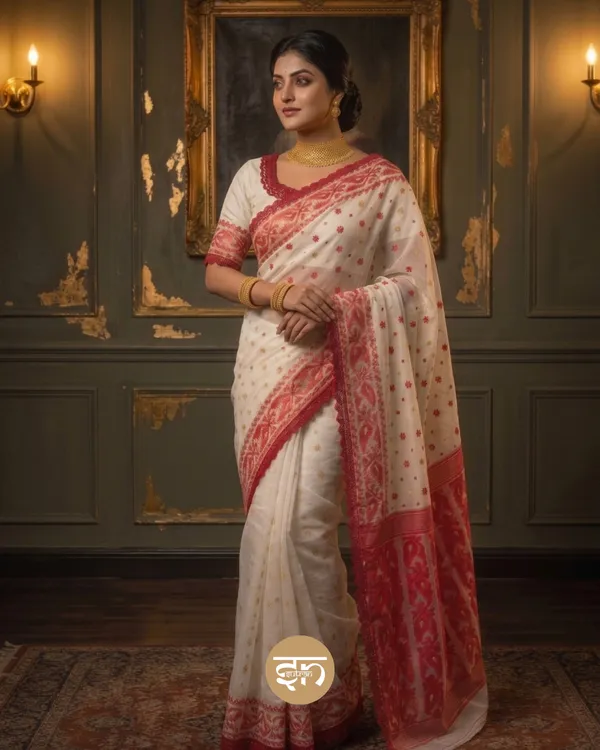 Charulata:_Dhakai_Jamdani_with_Delicate_Lace_Border_with_Traditional_Woven_Motifs