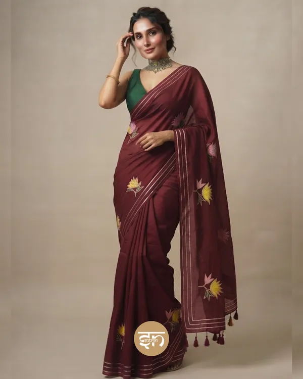 Gulbahar:_Maroon_Mul_Cotton_Saree_With_Embroidery_&_Sequin_Work_For_Women