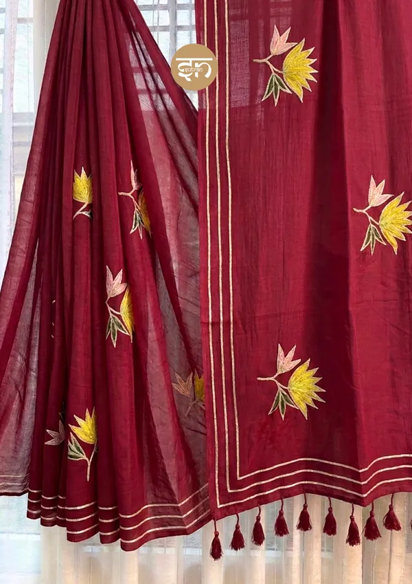 Gulbahar:_Maroon_Mul_Cotton_Saree_With_Embroidery_&_Sequin_Work_For_Women