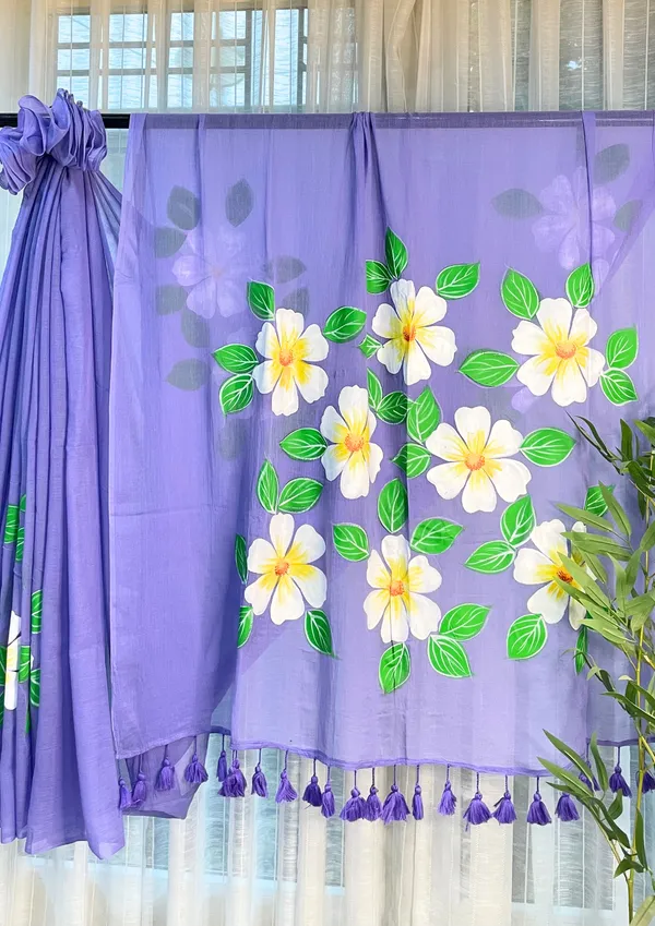Ever_Blooming:_Lavender_&_White_Mul_Cotton_Saree_With_Hand-Painted_Work_For_Women