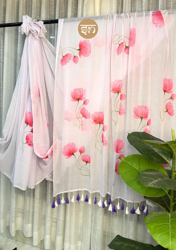 Kamalkari:_Baby_Pink_Mul_Cotton_Saree_With_Hand-Painted_Work_For_Women