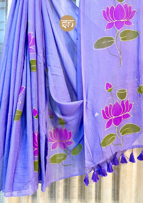 Kamalkari:_Lavender_Mul_Cotton_Saree_With_Hand-Painted_Work_For_Women