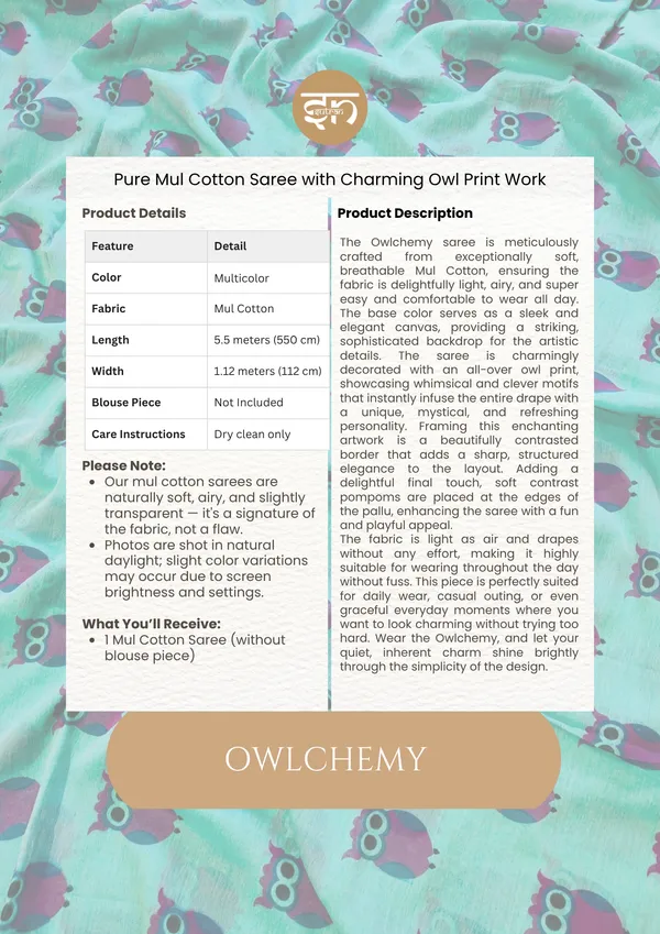 Owlchemy:_White_Pure_Mul_Cotton_Saree_with_Charming_Owl_Print_Work