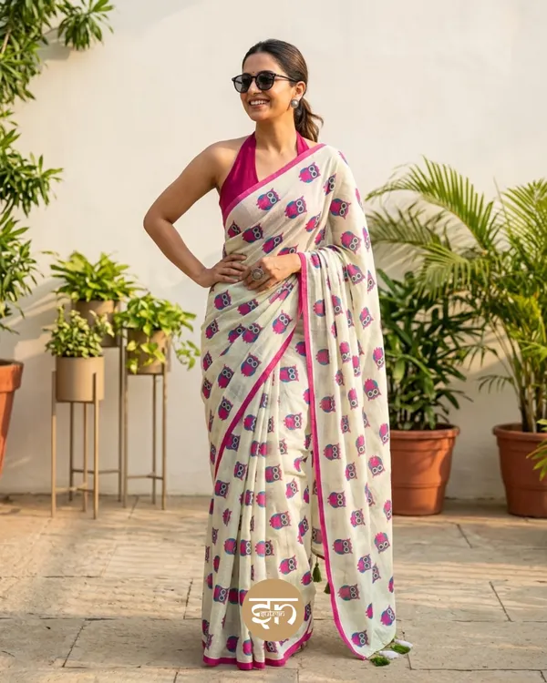 Owlchemy:_White_Pure_Mul_Cotton_Saree_with_Charming_Owl_Print_Work