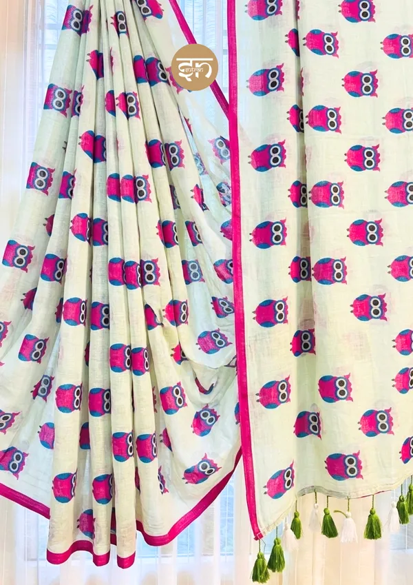 Owlchemy:_White_Pure_Mul_Cotton_Saree_with_Charming_Owl_Print_Work