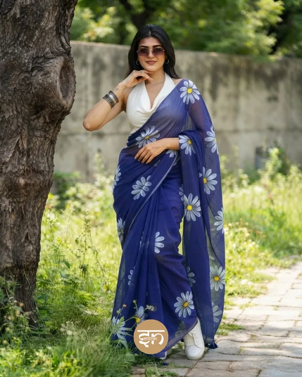 Daily_Daisy:_Blue_&_White_Mul_Cotton_Saree_With_Hand-Painted_Work_For_Women