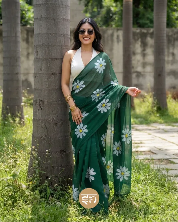 Daily_Daisy:_Bottle_Green_&_White_Mul_Cotton_Saree_With_Hand-Painted_Work_For_Women