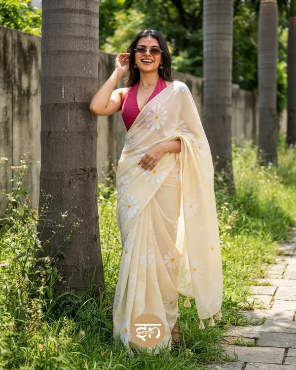Daily_Daisy:_Cream_&_White_Mul_Cotton_Saree_With_Hand-Painted_Work_For_Women