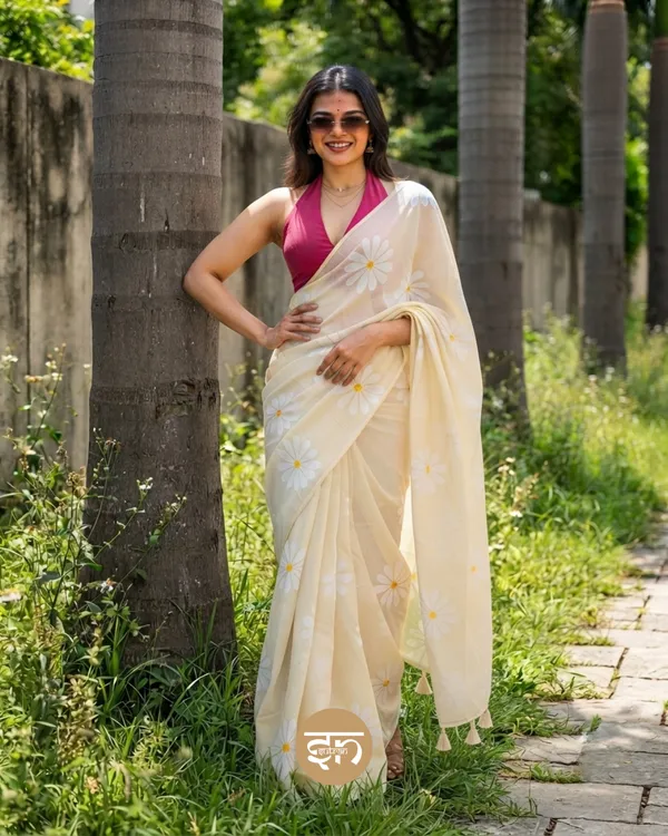 Daily_Daisy:_Cream_&_White_Mul_Cotton_Saree_With_Hand-Painted_Work_For_Women