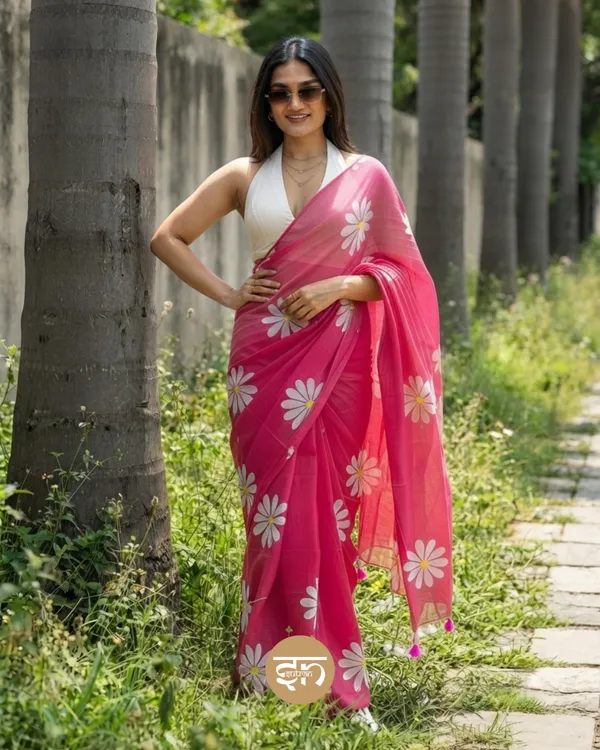 Daily_Daisy:_Pink_&_White_Mul_Cotton_Saree_With_Hand-Painted_Work_For_Women