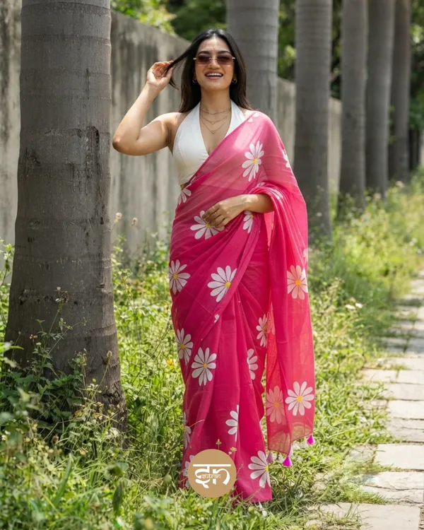 Daily_Daisy:_Pink_&_White_Mul_Cotton_Saree_With_Hand-Painted_Work_For_Women