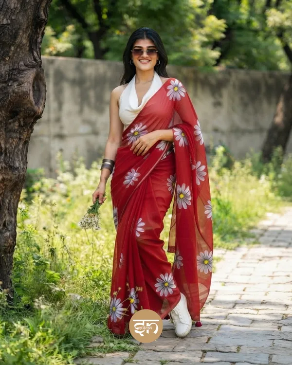 Daily_Daisy:_Red_&_White_Mul_Cotton_Saree_With_Hand-Painted_Work_For_Women