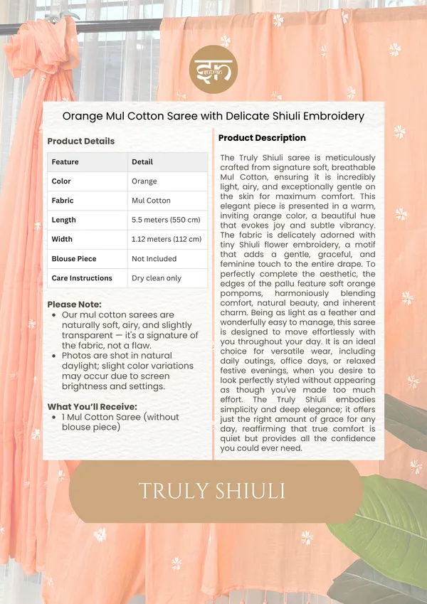 Truly_Shiuli:_Orange_Mul_Cotton_Saree_With_Embroidery_Work_For_Women