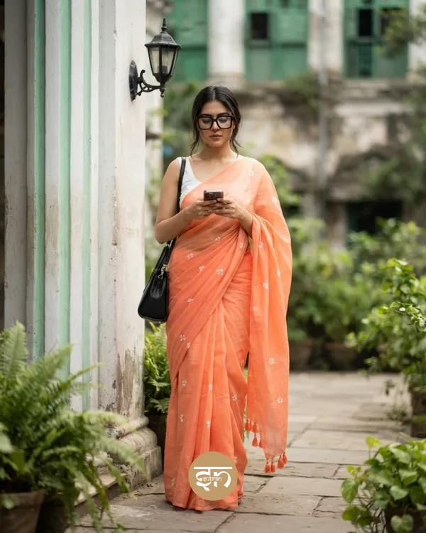 Truly_Shiuli:_Orange_Mul_Cotton_Saree_With_Embroidery_Work_For_Women