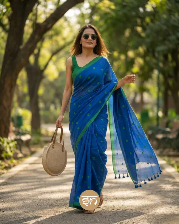 Dil_Dhadakne_Do:_Blue_Mul_Cotton_Saree_With_Embroidery_Work_For_Women
