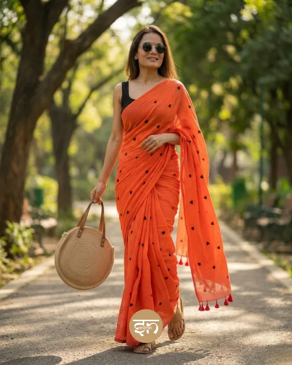 Dil_Dhadakne_Do:_Orange_Mul_Cotton_Saree_With_Embroidery_Work_For_Women