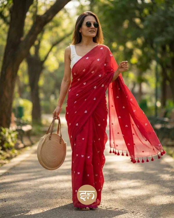 Dil_Dhadakne_Do:_Red_Mul_Cotton_Saree_With_Embroidery_Work_For_Women