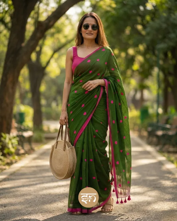 Dil_Dhadakne_Do:_Sap_Green_Mul_Cotton_Saree_With_Embroidery_Work_For_Women