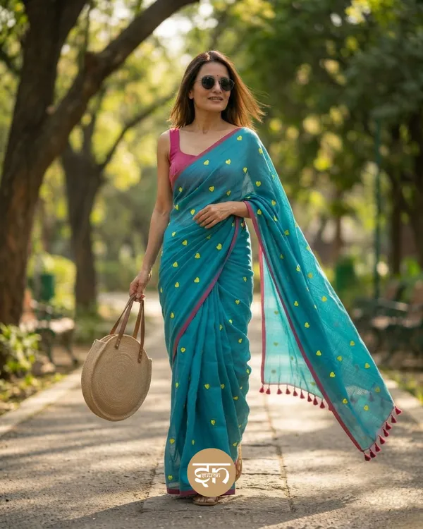 Dil_Dhadakne_Do:_Turqoise_Mul_Cotton_Saree_With_Embroidery_Work_For_Women