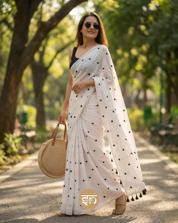 Dil_Dhadakne_Do:_White_and_Black_Mul_Cotton_Saree_With_Embroidery_Work_For_Women